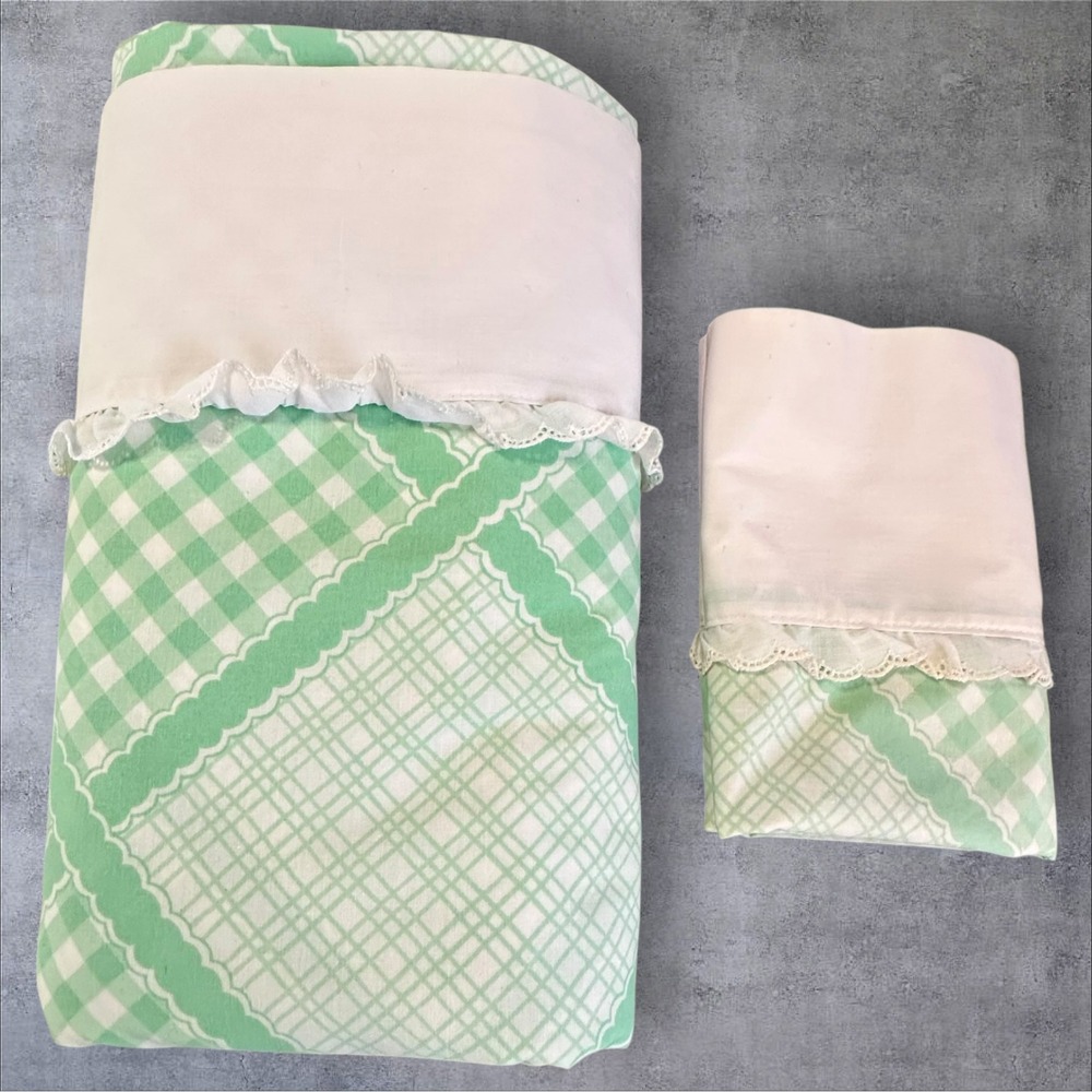 Fieldcrest Sheet Set Queen Green White‎ Gingham Excellent Vintage Lace Trim USA